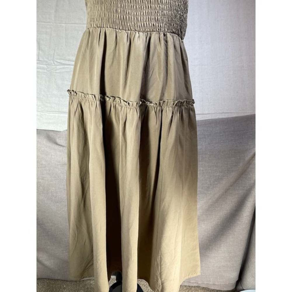 PRETTY‎ GARDEN Smocked Halter Tiered Midi Dress Olive Green Women L boho picnic - Picture 5 of 9